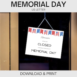 Geschlossen für Memorial Day Schild für Einzelhandel, Unternehmen, Büros, Schulen, Kindertagesstätten