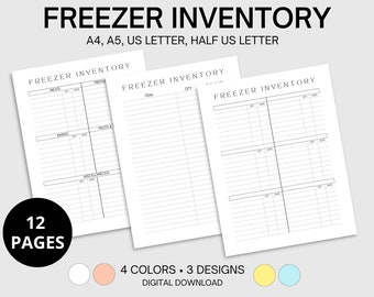 May include: Printable freezer inventory list template with 12 pages. The template has three different designs, each with a column for item, quantity, and date. The text "FREEZER INVENTORY" is at the top of each page. The template is available in four colours: white, peach, yellow, and blue.
