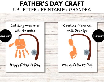 May include: Printable Father's Day craft with the text "Catching Memories with Grandpa". The craft includes a fishing rod with a handprint or footprint to be added.