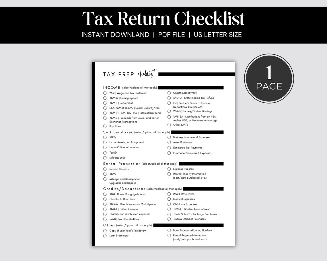 Tax Prep Checklist for Individuals, Self Employed, and Preparers for