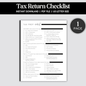May include: A black and white checklist for tax preparation. The checklist is divided into sections for income, self-employed, rental properties, credits and deductions, other, and a page number of 1.