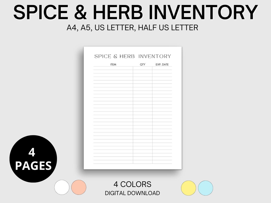 Spice and Herb Inventory List, Tracker, Log, Kitchen and Home ...