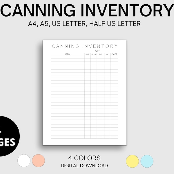 Canning Inventory List, Tracker, Log, Journal, Kitchen and Home Management, Organization, Food Storage Tracker, Preservation, Printable