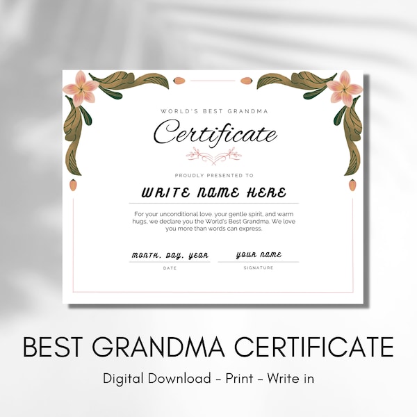 Worlds Best Grandma Certificate, Mothers Day, Gift from Adults, Children, Kids, Toddlers, Baby, Keepsake, Printable