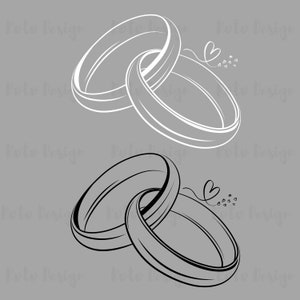 May include: Two white and two black outlined wedding rings intertwined with a small heart and a trail of smaller hearts.