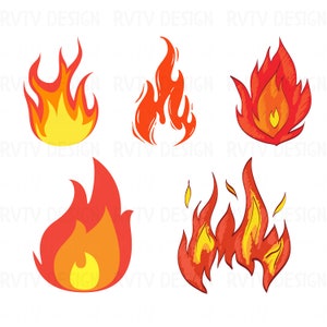 Può includere: Cinque diverse illustrazioni di fiamme disegnate a mano in varie forme e dimensioni. Le fiamme sono rosse, arancioni e gialle.