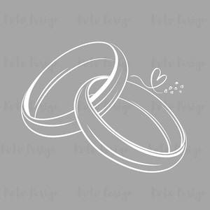 May include: Two white interlocking rings with a small heart and hearts trailing behind them on a grey background.