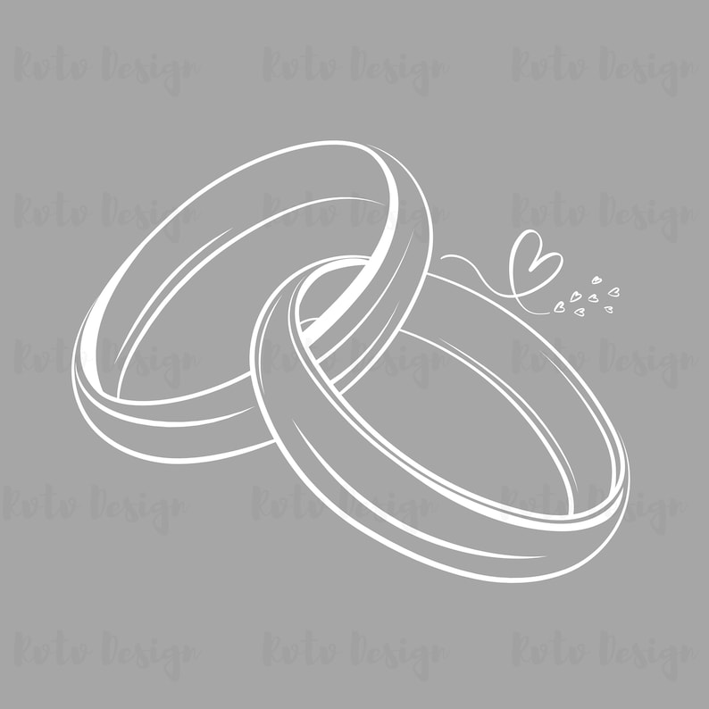 May include: Two white interlocking rings with a small heart and hearts trailing behind them on a grey background.