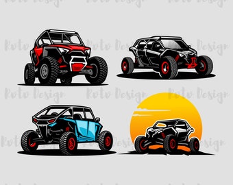 May include: Four illustrations of off-road buggies in various colors: red, black, and blue. Each buggy has large tires and a roll cage. One image features a sunset in the background. The text "Roto Design" is repeated across the top and bottom of the image.