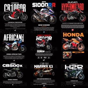 Könnte beinhalten: Illustrationen von Motorrädern und einem Geländefahrzeug, darunter Modelle von Honda, BMW, Ducati, Can-Am und Kawasaki. Jedes Fahrzeug wird mit seinem Modellnamen und Logo auf schwarzem Hintergrund dargestellt.