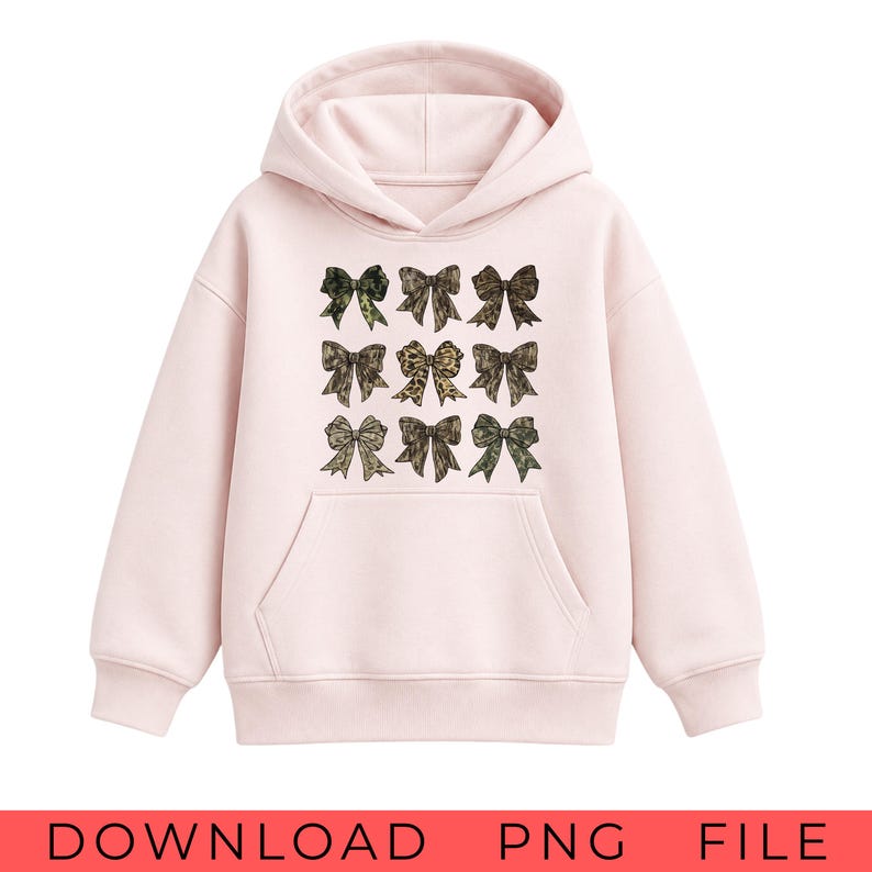 May include: A light pink hooded sweatshirt featuring a front kangaroo pocket and a graphic print of nine bows arranged in a three-by-three grid. The bows display various camouflage and animal print patterns in shades of brown, green, and tan.