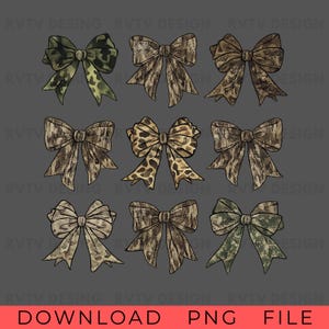 May include: A collection of nine illustrated bows arranged in a three-by-three grid. Each bow features a distinct pattern, including various camouflage prints, animal spots, and textured brown and green designs on a dark gray background.