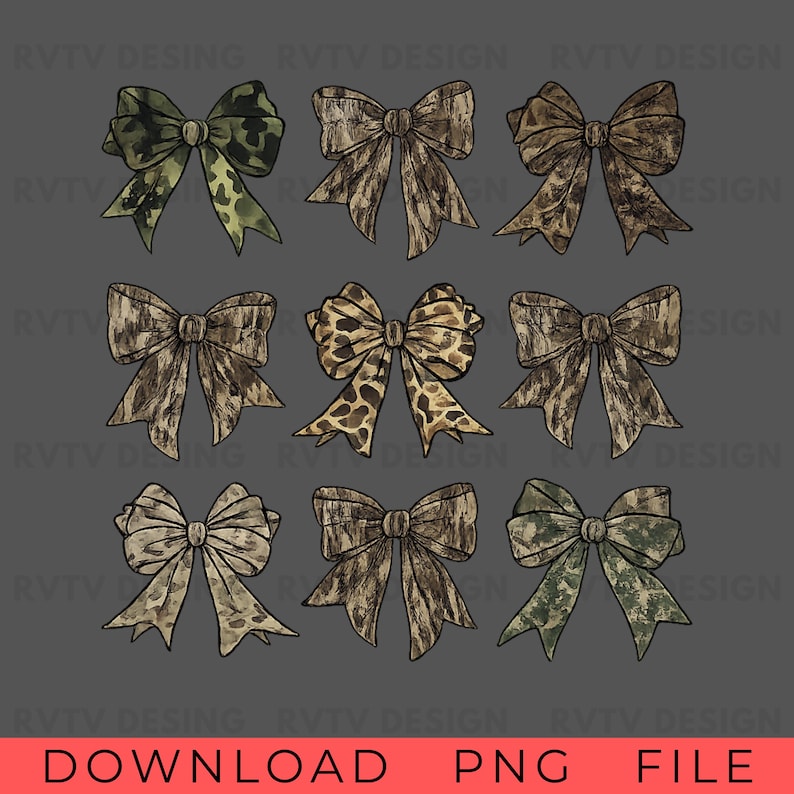 May include: A collection of nine illustrated bows arranged in a three-by-three grid. Each bow features a distinct pattern, including various camouflage prints, animal spots, and textured brown and green designs on a dark gray background.