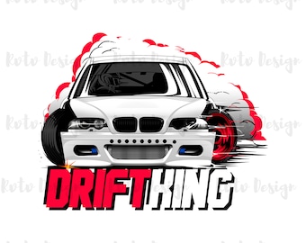 Pode incluir: Um carro branco com detalhes pretos está derrapar, criando uma nuvem de fumaça. O carro tem uma grelha preta e faróis pretos. A palavra "DRIFTKING" está escrita em letras vermelhas e brancas abaixo do carro.