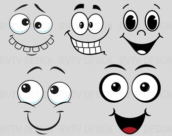 May include: Five cartoon faces with different expressions. The faces are black and white with large eyes and mouths. The expressions include happy, surprised, and silly.