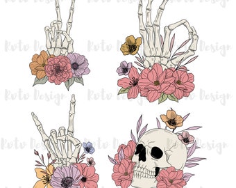 Floral Skeleton PNG | Retro Sublimation Design (Digital Download)