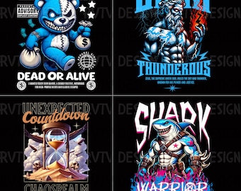 May include: Four graphic designs on a black background. One features a blue teddy bear with the text "WANTED" and "DEAD OR ALIVE". Another depicts Zeus with the text "ZEUS THUNDEROUS". The third design shows an hourglass with the text "UNEXPECTED Countdown" and "CHAOSREALM". The last design shows a shark with the text "SHARK WARRIOR".