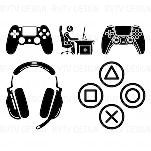 May include: Black and white illustration of a gaming setup, including a gaming chair, a desk with a computer monitor, a headset, a video game controller, and the four directional buttons from a video game controller.