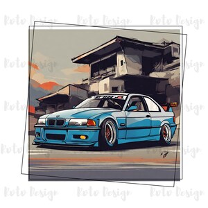 May include: Illustration of a light blue sports car with a spoiler, parked on a road. The car has orange headlights and rims. The background features buildings and a sunset. The text "DRIFT" is visible on the windshield.