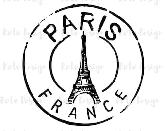 May include: Black and white illustration of the Eiffel Tower with the words "PARIS FRANCE" in a circle around it.