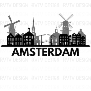Może przedstawiać: Czarno-biała sylwetka panoramy Amsterdamu z wiatrakami, kościołami i mostami kanałowymi. Słowo "AMSTERDAM" jest napisane pogrubioną czarną czcionką pod panoramą.