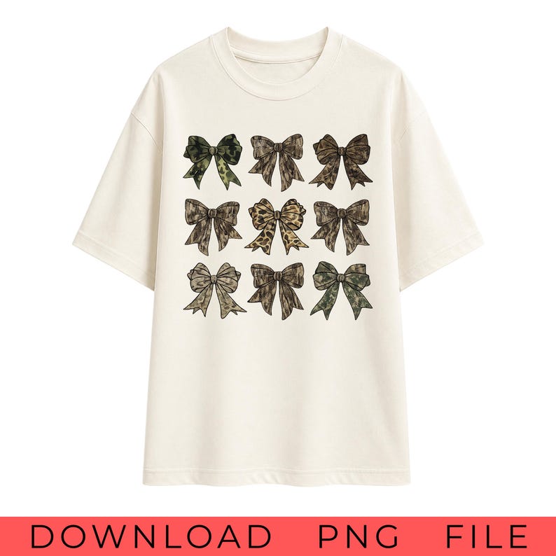 May include: A cream-colored short-sleeve t-shirt featuring a graphic print of nine bows arranged in a three-by-three grid. Each bow displays a different pattern, including various shades of green, brown, and tan camouflage and leopard print designs.