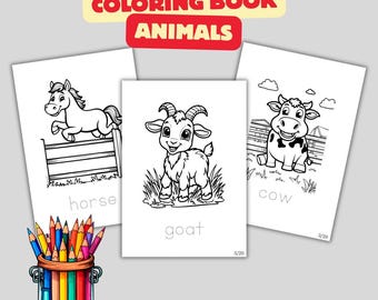 Puede incluir: Un libro para colorear con ilustraciones de animales, incluyendo un caballo, una cabra y una vaca. El libro se titula "Libro para colorear Animales". Un recipiente con lápices de colores está en primer plano.