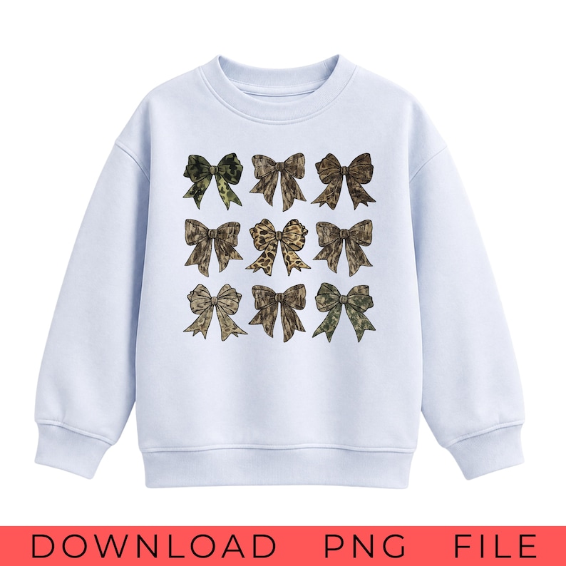 May include: A light blue long-sleeve sweatshirt featuring a grid of nine decorative bows on the front. Each bow displays a unique pattern, including various shades of green camouflage, brown animal prints, and textured earth-toned designs.