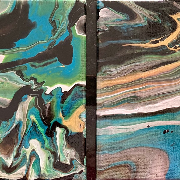 Lagoon Lava Flow - Diptych Abstract Fluid Art Paintings. Two 8 x 8 Canvases