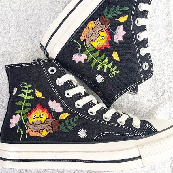 Black Converse Shoes Embroidered with Fire Calcifer/ Cartoon Embroidered Converse/ Custom Cute Fire Shoes/ Custom Hand Embroidered Converse