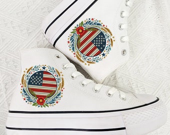 White Converse embroidered American flag/Embroidered flag/Custom flag/Gift for mom/Birthday gift/Gift flag/Graduation gift/ Anniversary gift