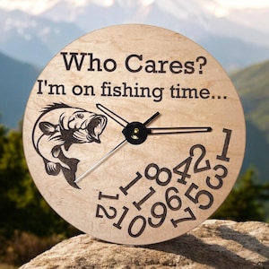 Funny Fishing  Clock | Laser Engraved | Maple or Cherry Wood | Fun Fishing Angler Gift
