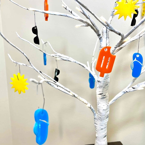 Mini LED Birch Tree with Summer Acrylic Ornaments | 10 Different Theme Packs | Home or Classroom or Office | Modern Tabletop Seasonal Decor