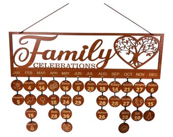Engraved Family Birthday Calendar: Laser Cut Wood, Personalized Perpetual Wall Hanging, Heart Design