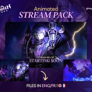 Peut inclure: Un pack de stream animé aux tons violets et bleus. Il présente un personnage tenant une lanterne et le texte "STREAM WILL BE STARTING SOON". L'image comprend le logo Genshin Impact et le texte "FILES IN ENG/FR!"
