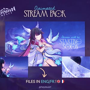 Può includere: Grafica del pacchetto di streaming animato con il logo Genshin Impact. Il design presenta un personaggio con lunghi capelli neri e rosa, circondato da colombe ed elementi floreali blu. Il testo include "Animated Stream Pack" e "Stream will be Starting Soon."