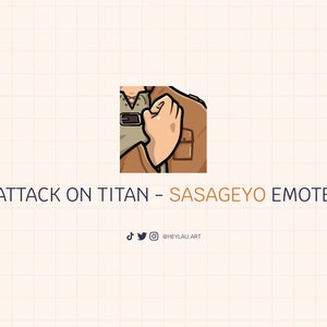 Puede incluir: Una ilustración digital de un personaje del anime Ataque a los Titanes, con una chaqueta marrón y el puño levantado. El texto "Attack on Titan - Sasageyo Emote" está debajo de la imagen.