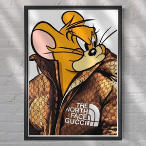 Lámina de arte Drippy Jerry, lienzo moderno de Tom y Jerry, abrigo GG X North Face, arte mural de cultura pop, póster de dibujos animados atrevidos