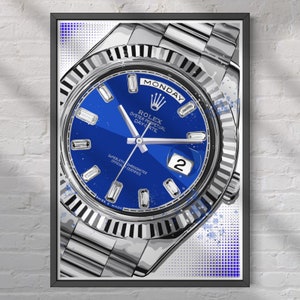 Rolex Blue Day Date Silver Art, Luxury Home Decor, Watch Enthusiast Gift, Collectible Artwork