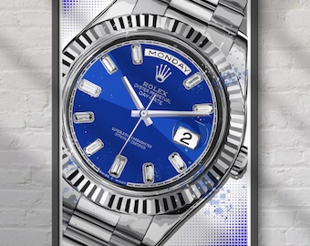Rolex Blue Day Date Silver Art, Luxury Home Decor, Watch Enthusiast Gift, Collectible Artwork