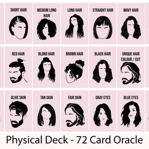 Puede incluir: Una baraja de cartas de oráculo rosa con ilustraciones en negro de varios peinados, tonos de piel y colores de ojos. El texto de las cartas incluye "Pelo corto", "Piel media" y "Ojos azules". La baraja se titula "Physical Deck - 72 Card Oracle".