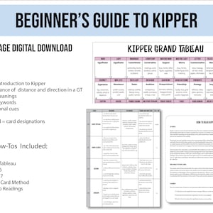 May include: A digital download titled "Beginner's Guide to Kipper" with a pink and white design. The guide includes a basic introduction, card meanings, keywords, and directional cues. It also features a Kipper Grand Tableau and spread how-tos.