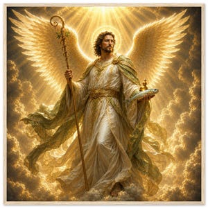 May include: A figure with large golden wings, wearing a flowing white and gold robe, stands amidst clouds. The figure holds a tall, ornate golden staff in one hand and a small fish with a golden crown-like object in the other, set against light.