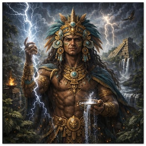 Könnte beinhalten: Eine digitale Illustration einer Figur mit einem verzierten goldenen Kopfschmuck mit blauen Federn und türkisfarbenen Akzenten, einer goldenen Halskette mit einem zentralen Türkisstein und goldenen Armreifen. Die Figur hält eine Schale mit Wasser und Blitzen.