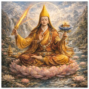 Könnte beinhalten: Digitaldruck eines sitzenden Bildes in goldenen Gewändern und einem gelben Hut, das ein flammendes Schwert und eine Lotusblume hält. Die Figur ist von einem Heiligenschein umgeben, mit einem Hintergrund aus Bergen, Wasserfällen und Lotusblumen.