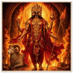 May include: A two-headed deity with golden skin, wearing ornate jewelry and red robes, stands before a backdrop of swirling orange flames. The figure holds a prayer bead strand and a staff with a flaming tip, while a ram rests at their feet.