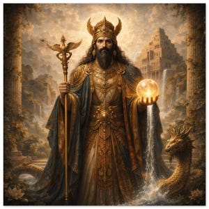 Lámina de arte de Marduk: obra de arte del dios creador babilónico, póster de la mitología mesopotámica.