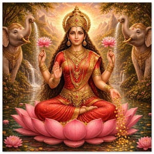 Lámina artística de Lakshmi – Diosa hindú de la riqueza, la prosperidad y la abundancia – Obra de arte para la meditación