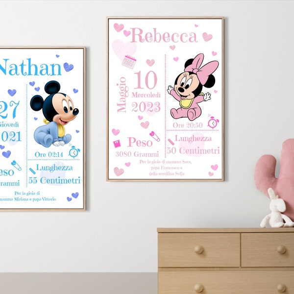 Quadretto digitale personalizzabile MICKEY MOUSE MINNIE, quadretto nascita, 1 anno, 2 anni, Battesimo, compleanno, comunione, cresima