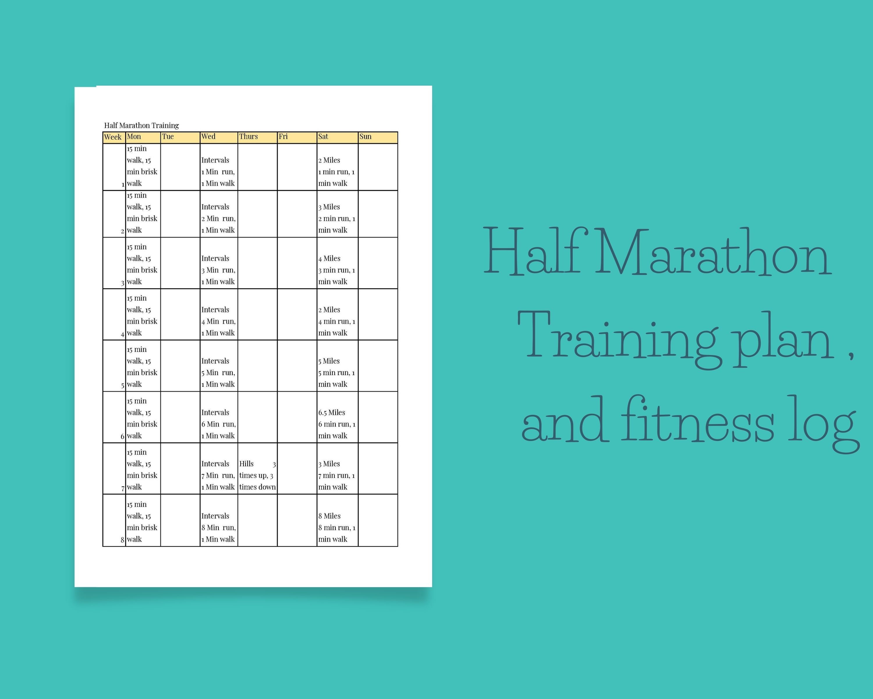 Half Marathon Training Plan and Fitness Journal, Fitness Log, Running ...